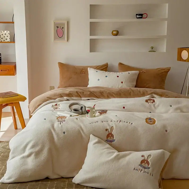 Cream and brown embroidered imitation cashmere bedding set with cream plush duvet featuring embroidered bunny design