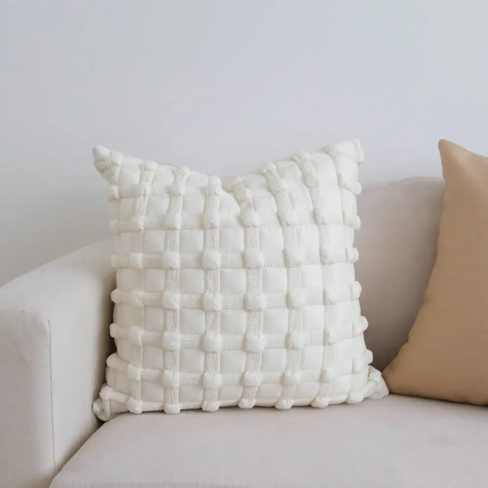 Cream white plaid 3d bubble cushion cover with a woven textured grid pattern ideal for living room decorbites cream white decor