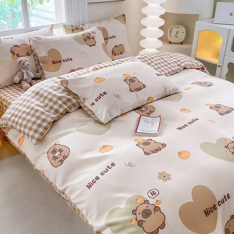 Cute printed cotton beige and brown bear-themed duvet cover from decorbites cute printed bedroom bedding set cream navy