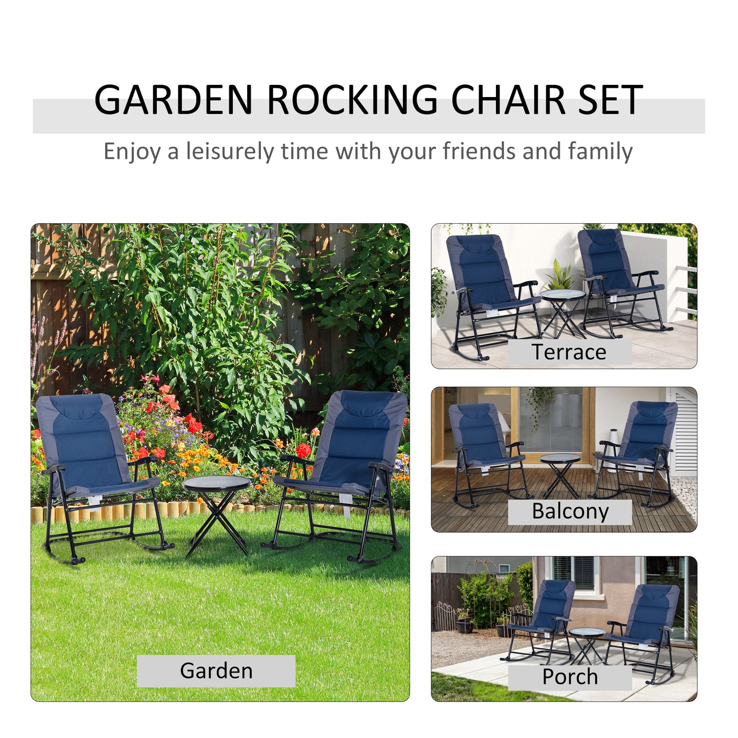 3 Piece Blue Rocking Bistro Set Patio Chairs Glass Coffee Table