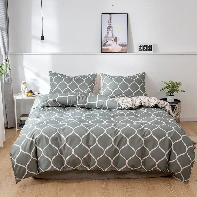 Dark green floral plush duvet cover set featuring a gray duvet cover with a white geometric lattice pattern