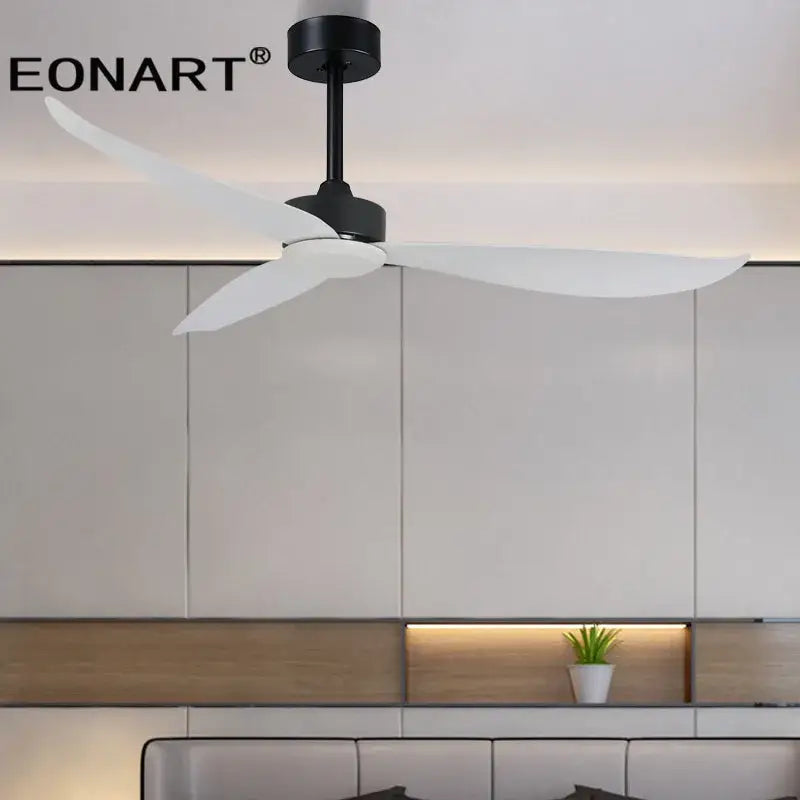 Modern black and dark brown plastic blade ceiling fan with remote control featuring sleek black and white design for living room