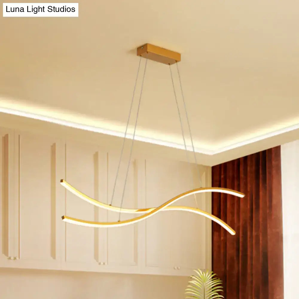 Gold-toned acrylic linear island pendant lighting with two curved led strips for modern island pendant lighting