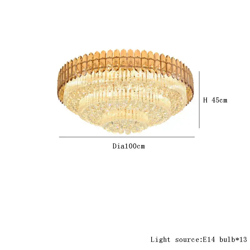 Gold-toned amber crystal round chandelier with tiered design and 13 e14 bulbs for living room decor