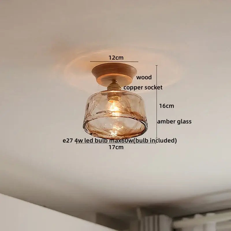 DecorBites™ amber glass led ceiling light with warm amber glass, wooden base, and copper socket for modern decor