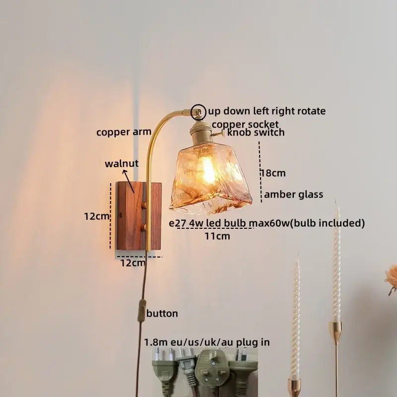 Decorbites amber glass led wall lamp with warm amber glass, curved copper arm, and walnut wood base for modern decor