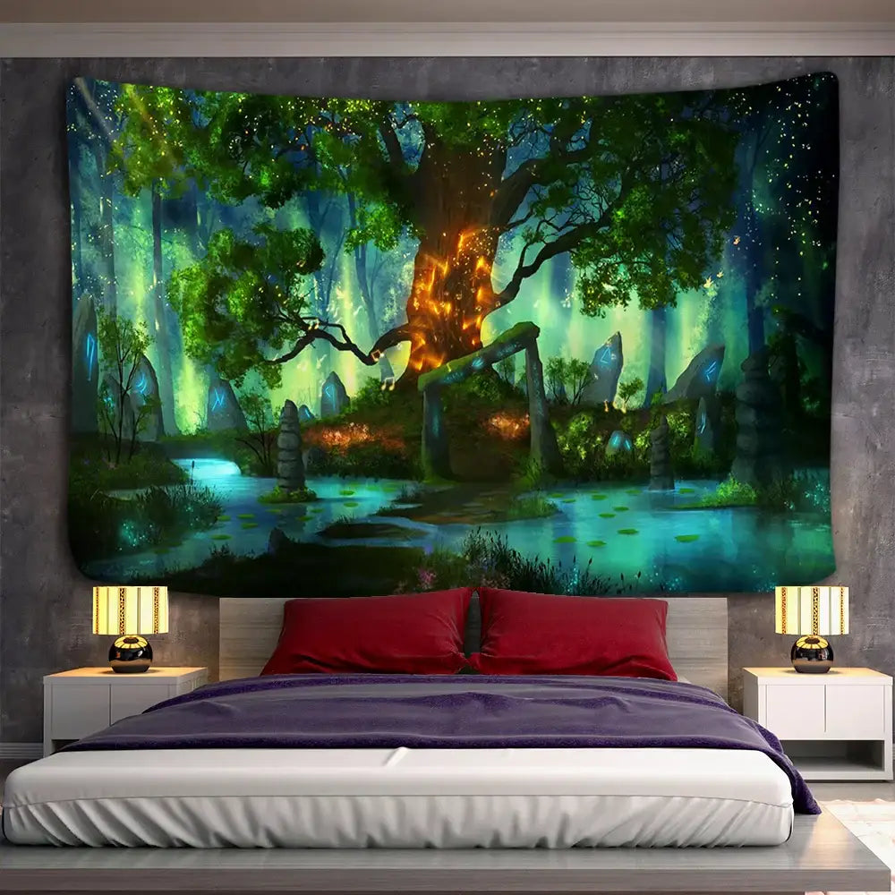 Vibrant decorbites™ ancient trees tapestry with glowing green and orange hues featuring a mystical central tree design