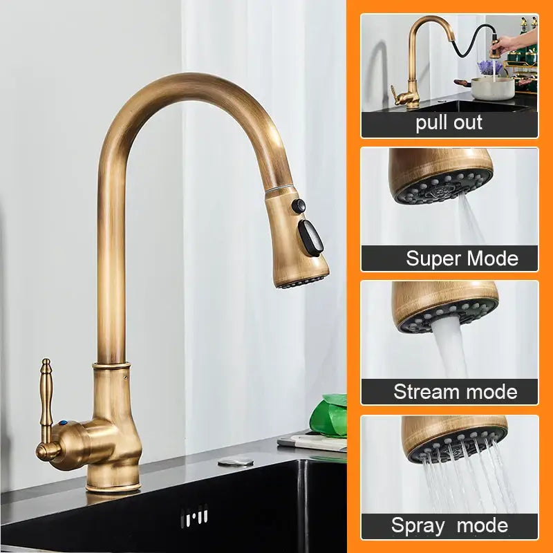 Decorbites antique brass kitchen sink faucet with pull down swivel spout and multiple spray modes in antique brass finish