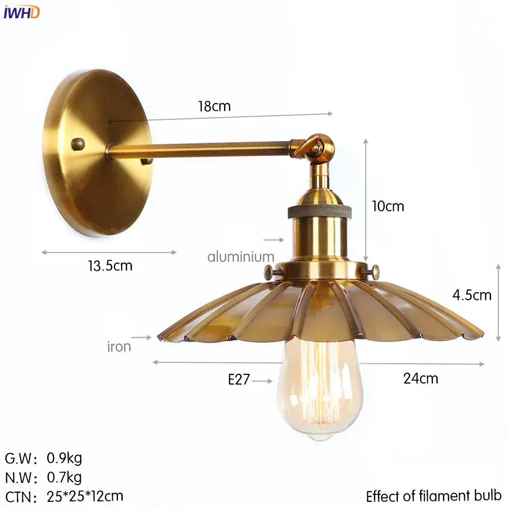Decorbites antique gold wall lamps with brass finish fluted petal shade and exposed filament bulb for rustic decor
