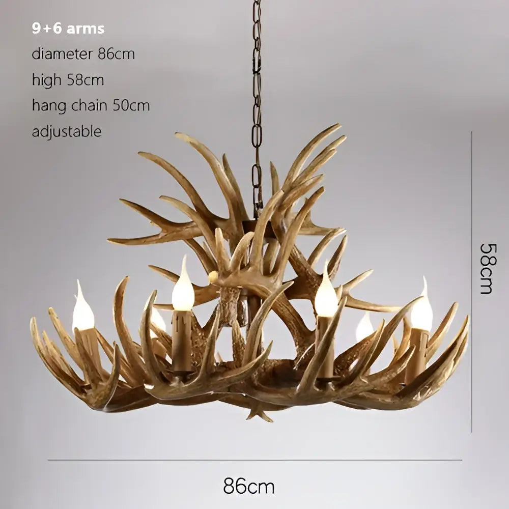 Decorbites antler chandelier with nine faux tan resin antler arms designed for rustic indoor decor lighting