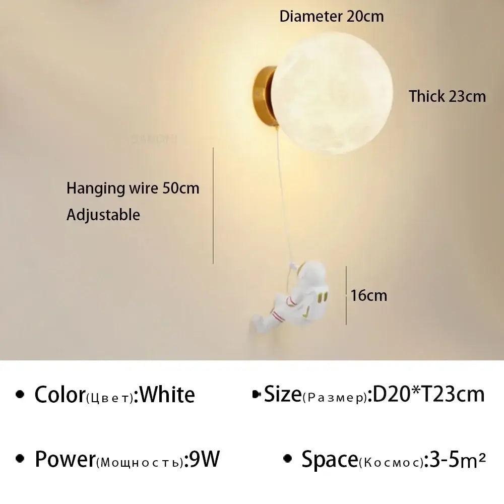 Decorbites astronaut cartoon white spherical wall lamp with gold base and adjustable wire featuring moon-like texture