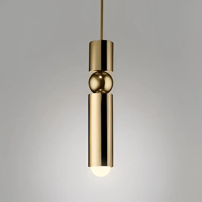 Brass cylindrical pendant light with polished spherical accent and warm glow in decorbites black gold led tube chandelier