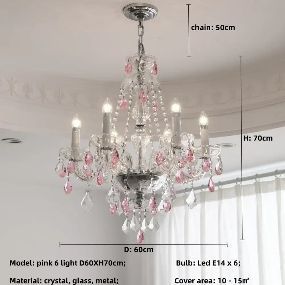 A decorbites blue crystal chandelier featuring a delicate pink and clear glass design with six led lights for living room use