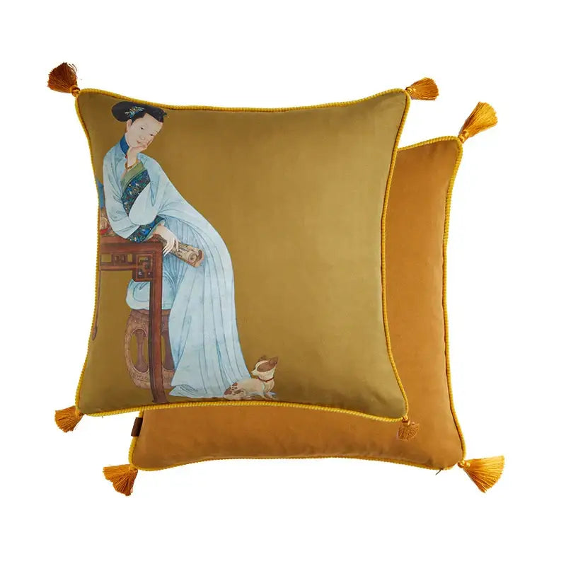 Golden velvet cushion cover with classical women print of a chinese woman in blue robes and gold tassels by DecorBites™