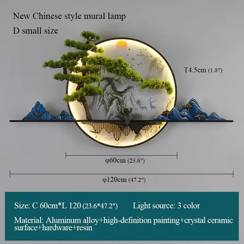 Decorbites™ chinese landscape led wall lamp with circular aluminum alloy frame and illuminated painted mountain scene