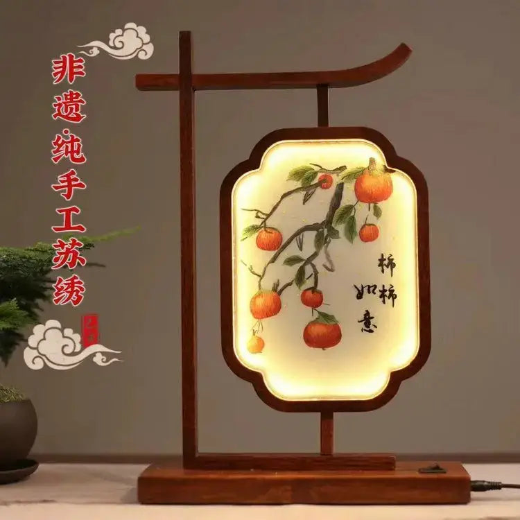 DecorBites™ embroidered desk lamp with warm wood frame decoration screen featuring orange branches and calligraphy