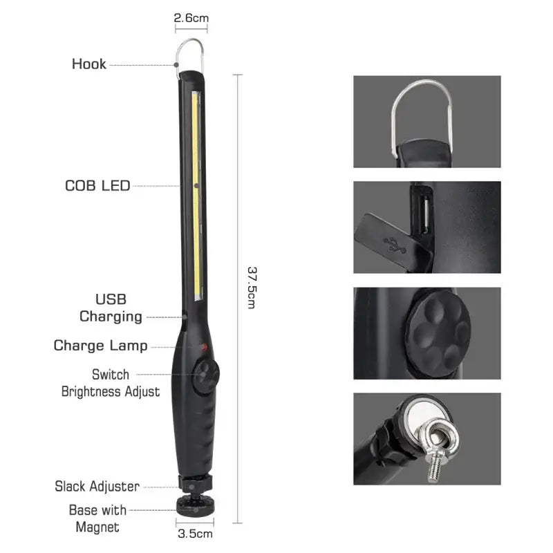 Black handheld decorbites cob led work light with usb charging port magnetic base for garage inspection use