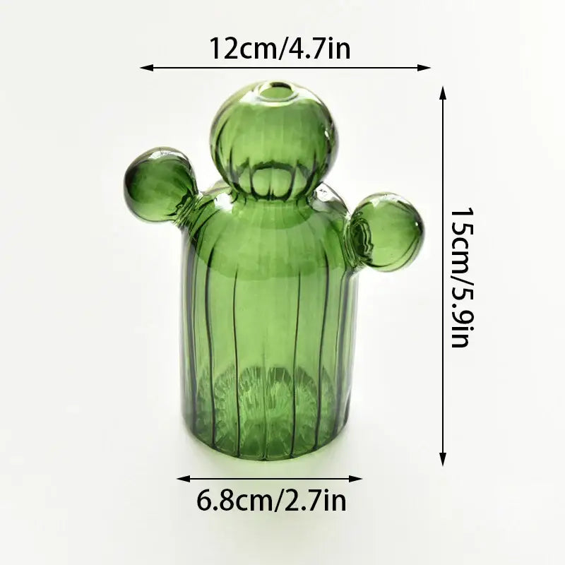 DecorBites™ colorful translucent green cactus glass vase with vertical ridges and rounded arms for home decor