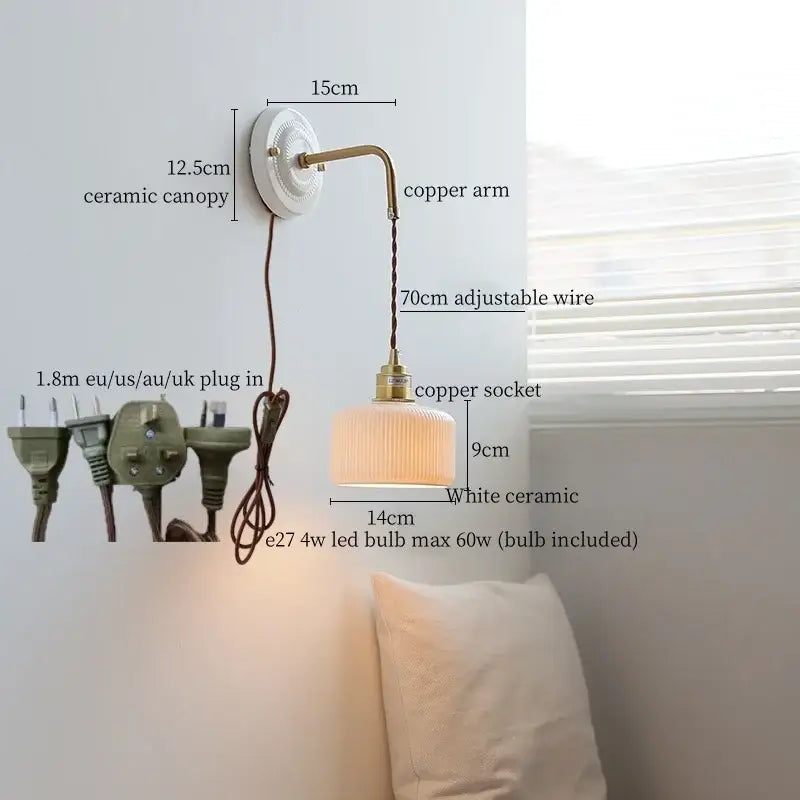DecorBites™ Copper Ceramic LED Wall Light with Pull Chain Switch for Living Room Decor.