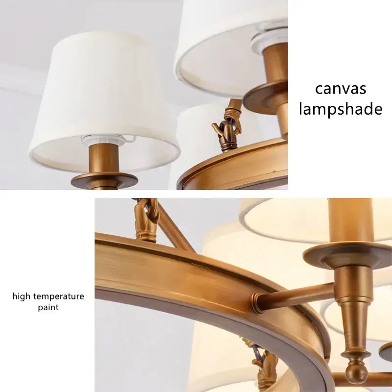 Antique brass-finished decorbites country fabric chandelier with cream canvas shades for bedroom lighting