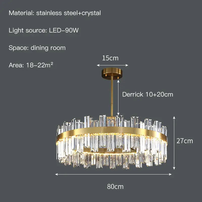 Gold-toned decorbites crystal ceiling chandelier with circular frame and hanging crystal prisms for living and dining rooms