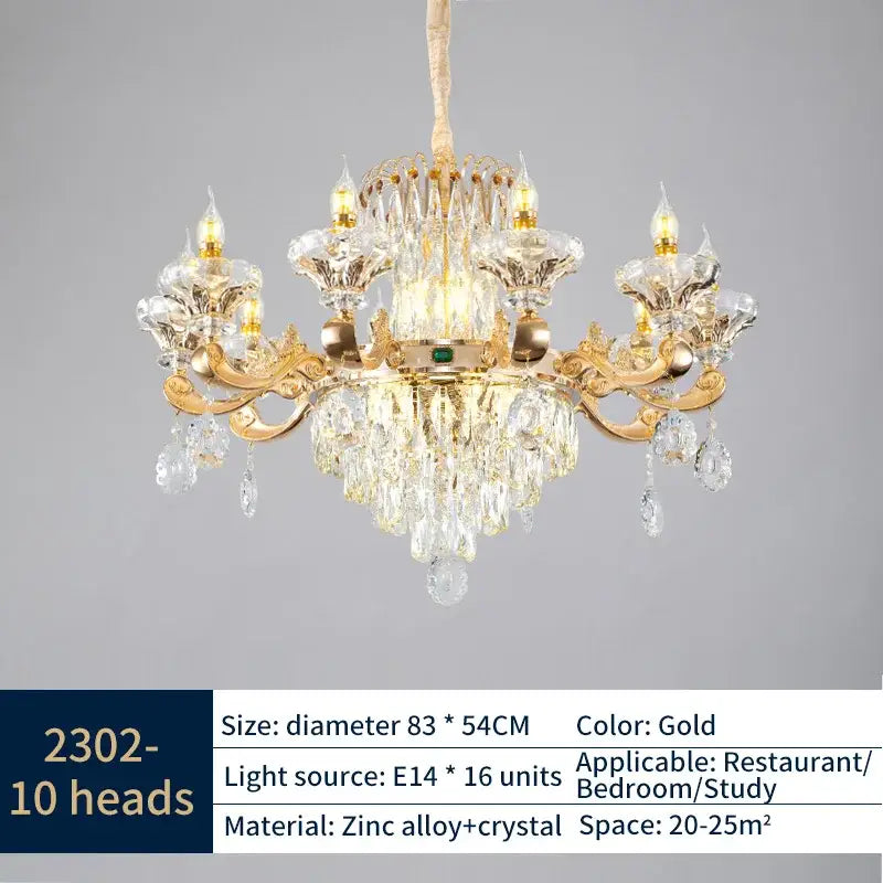 Gold-toned decorbites crystal chandelier with intricate crystal droplets and ornate zinc alloy arms for elegant lighting