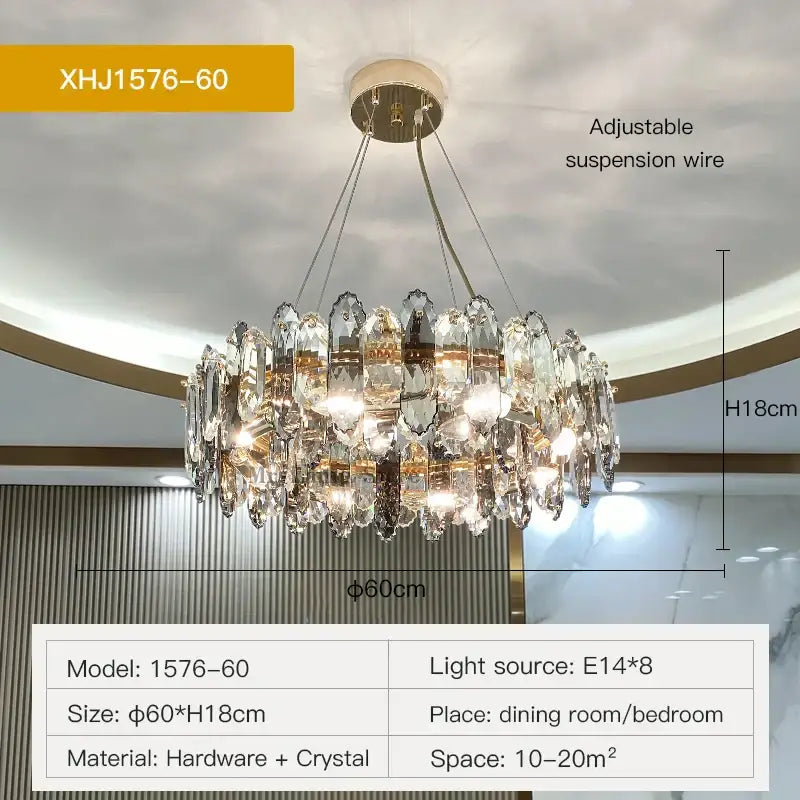 Decorbites crystal chandelier with gold metal frame and glass prisms designed for elegant living dining and bedroom spaces