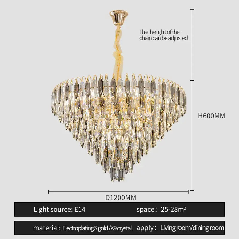 DecorBites crystal chandelier featuring gold electroplated tiers with clear and smoky k9 crystals for elegant spaces