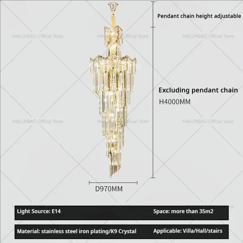 Golden decorbites crystal chandelier with tiered design cascading k9 crystal strands and stainless steel iron plating