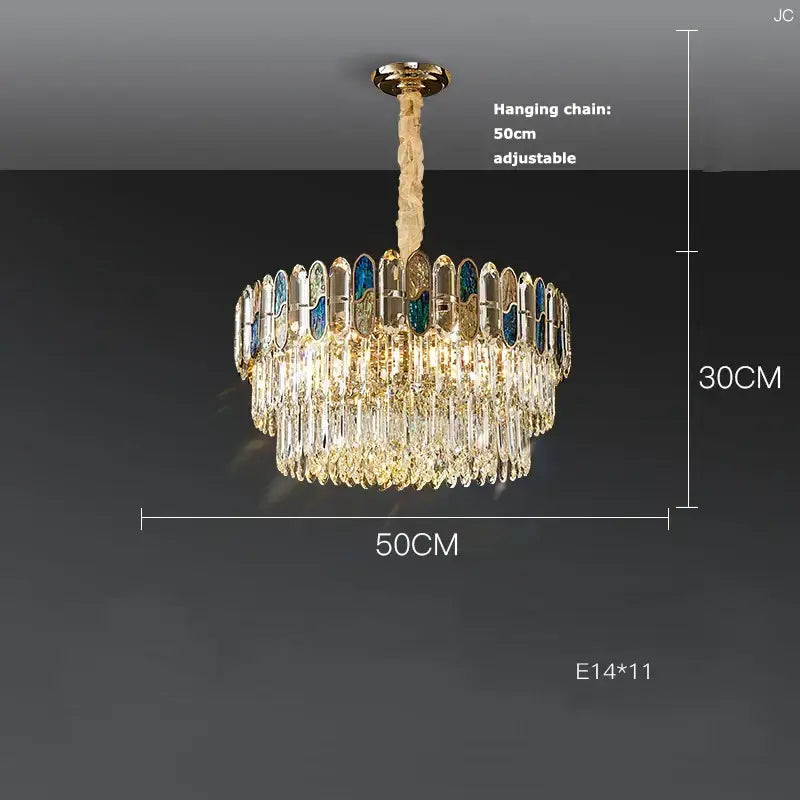 Gold-toned decorbites crystal chandelier with cascading clear crystal droplets and blue-tinted oval accents chandelier led lighting