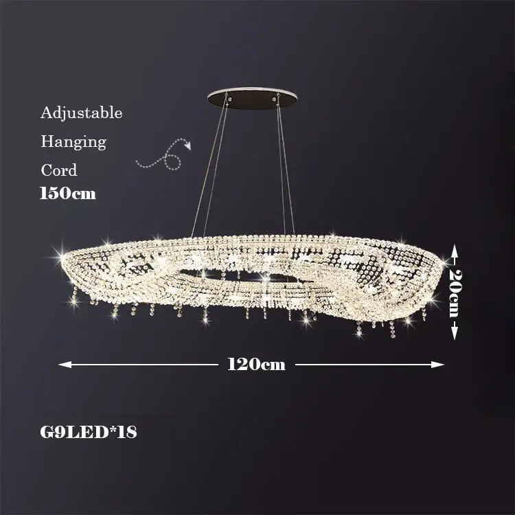 DecorBites crystal chandelier featuring a modern oval shape with 18 g9 led lights and adjustable hanging cord for indoor use