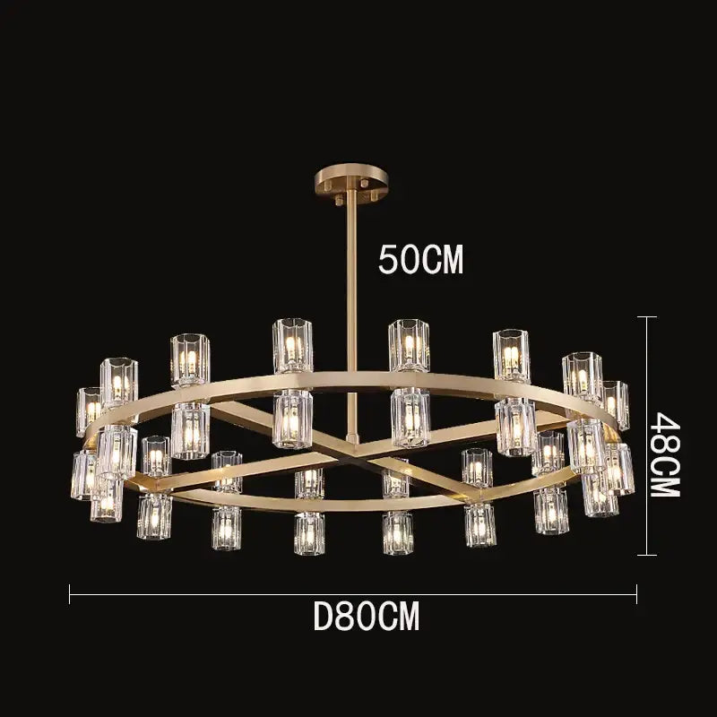 Gold-toned decorbites crystal chandelier with multiple tiers of clear glass candle-style bulbs for luxury living rooms