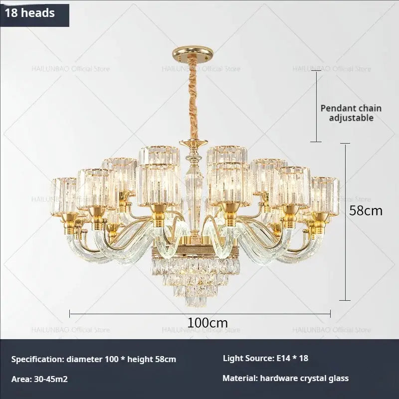 Gold-toned decorbites crystal chandelier with 18 glass shades and twisted pendant chain for luxury home lighting
