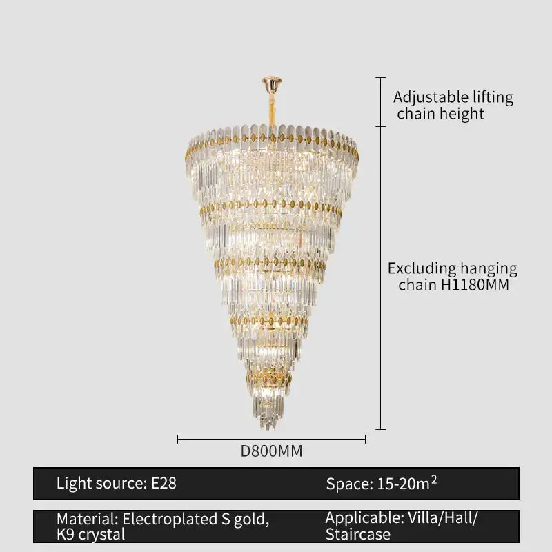 A tiered decorbites crystal chandelier with cascading clear k9 crystals and gold electroplated accents for elegant lighting