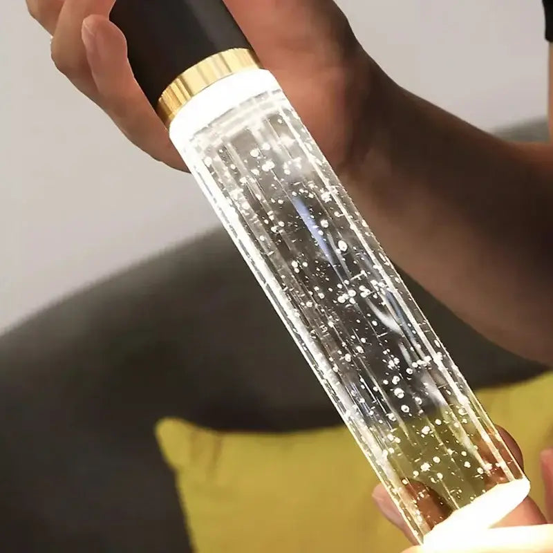 Clear cylindrical led decorbites crystal chandelier pendant lamp with black and gold cap and glowing bubbles
