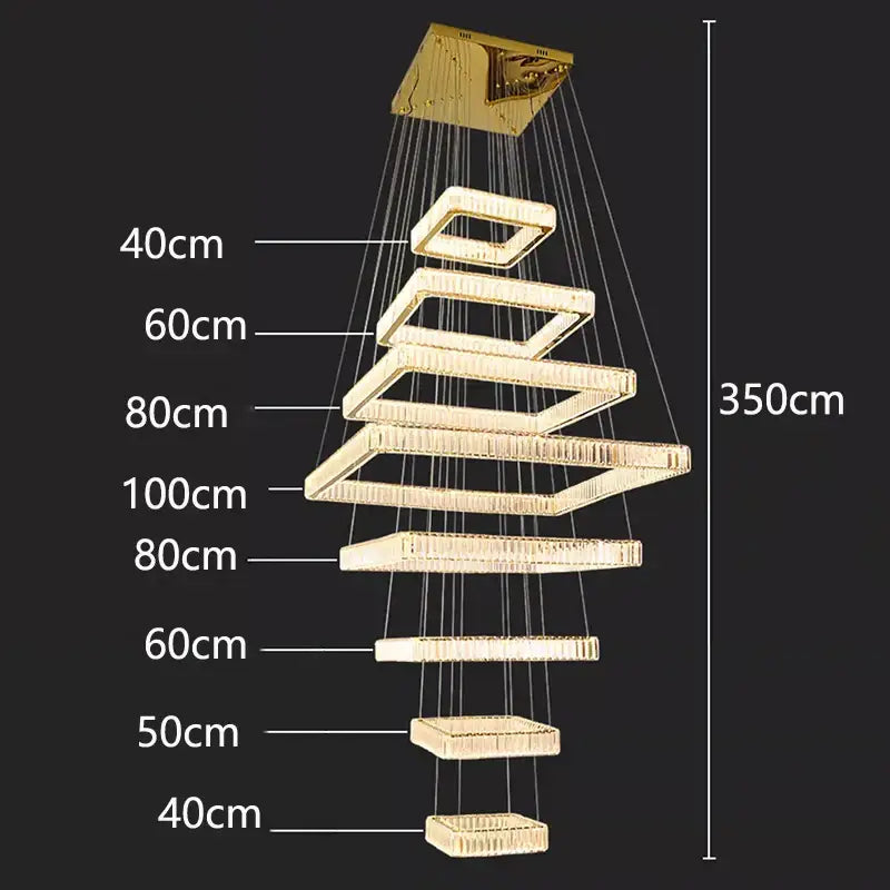 Golden decorbites crystal chandelier stair pendant lamp with rectangular crystal-encrusted fixtures in spiral design
