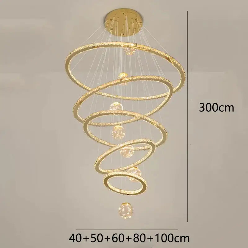 Golden spiral decorbites crystal chandelier with multiple concentric rings and embedded crystals for living room lighting