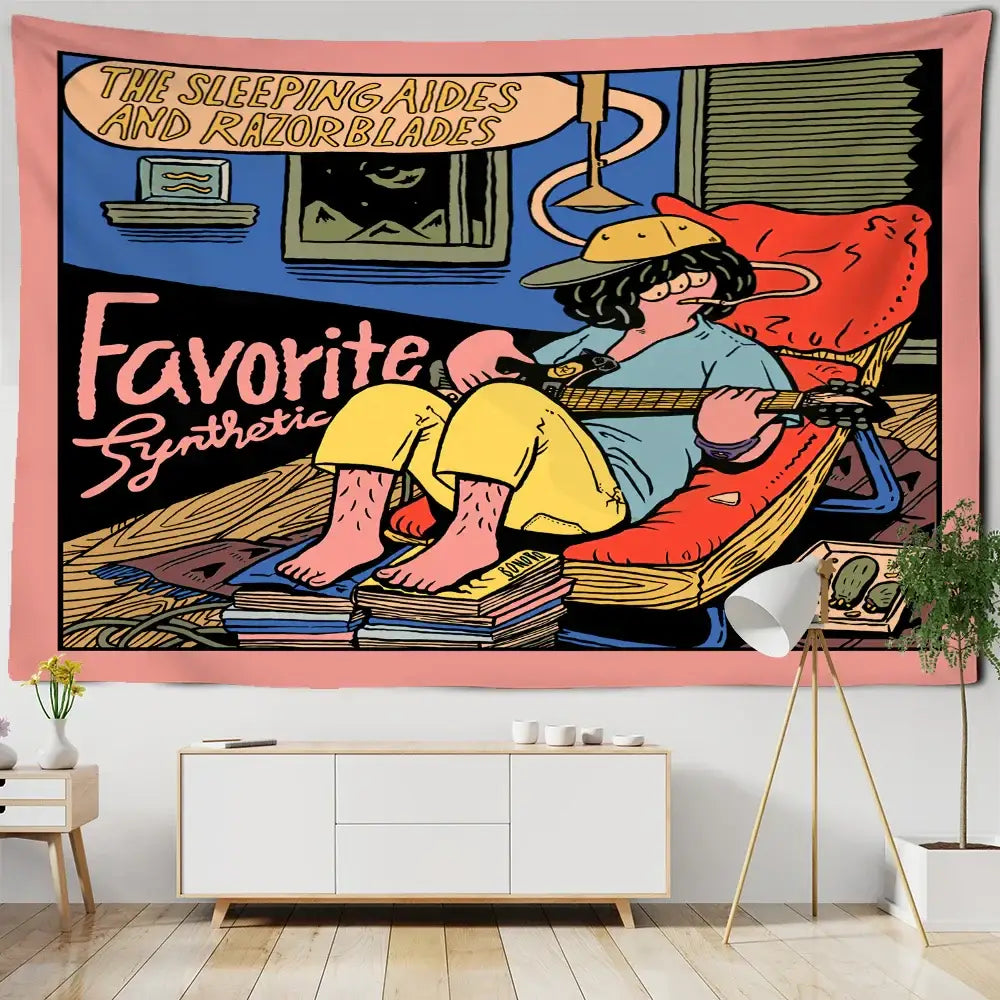 Vibrant pink-bordered decorbites cute girl cartoon wall hanging tapestry featuring person lounging on books playing guitar