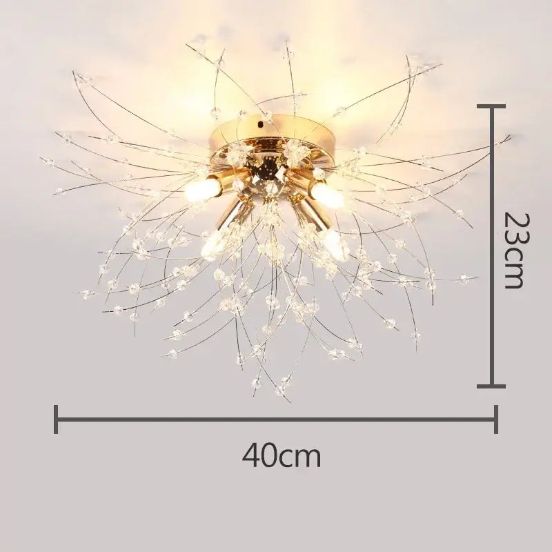 Gold-toned decorbites dandelion crystal led ceiling light with slender metallic arms and delicate crystal accents for living room