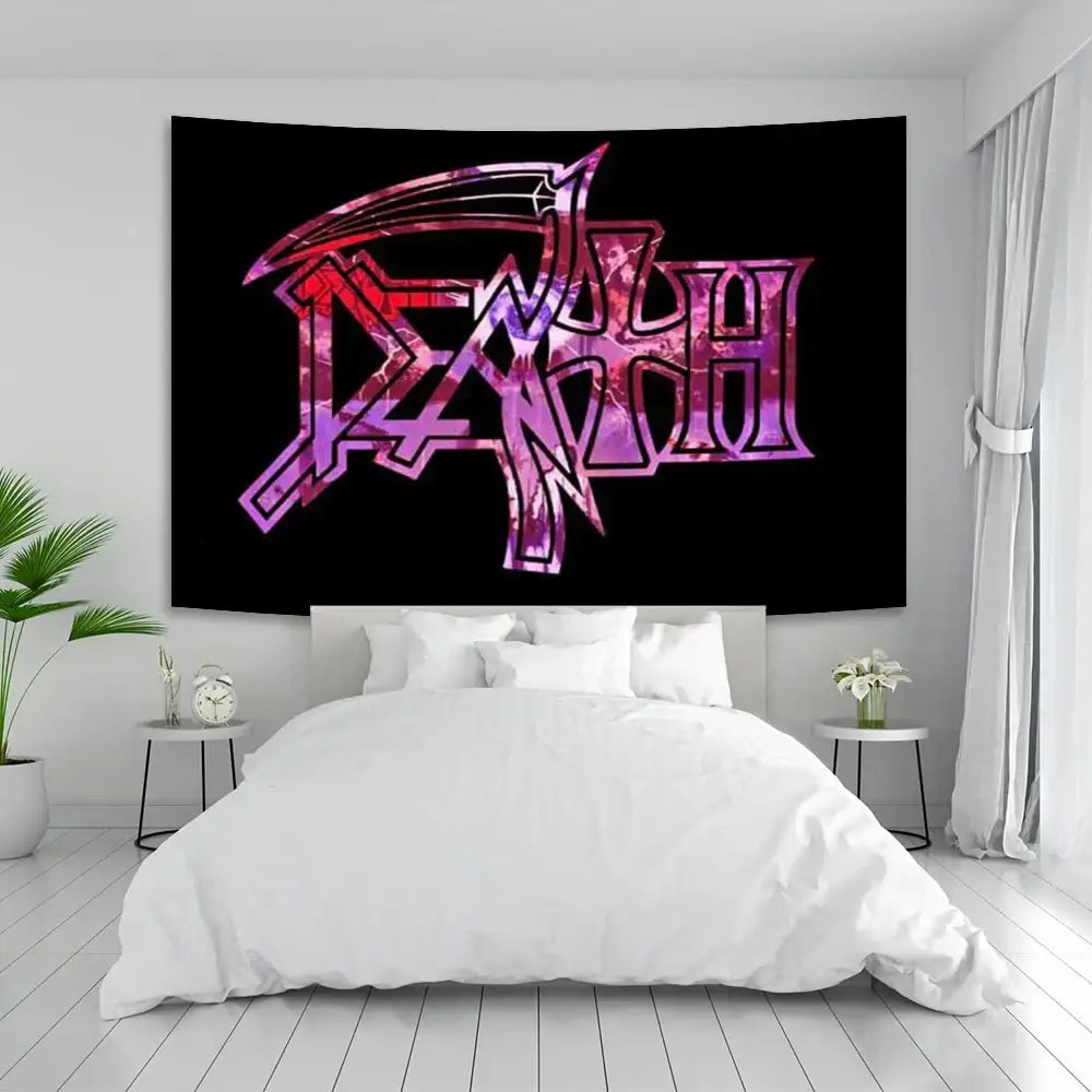 Black wall tapestry featuring decorbites deaths metal band name in metallic pink and purple with a cosmic gradient effect