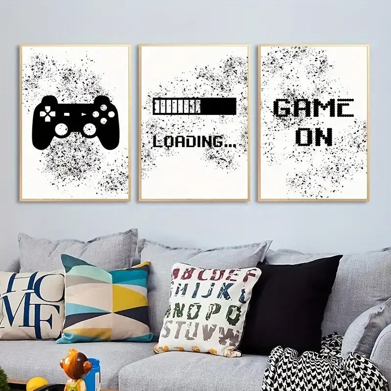 Set of three framed graffiti gamepad wall art prints with black splatter on white backgrounds for gamer room decor