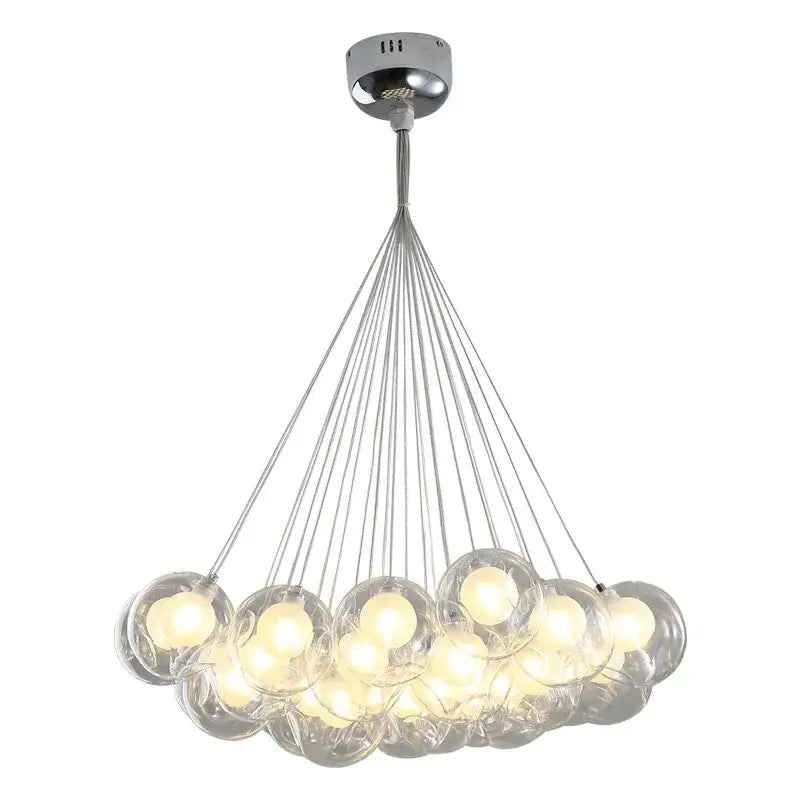 Modern chrome DecorBites bubble chandelier with clear glass spheres and warm bulbs for living room and dining table lighting