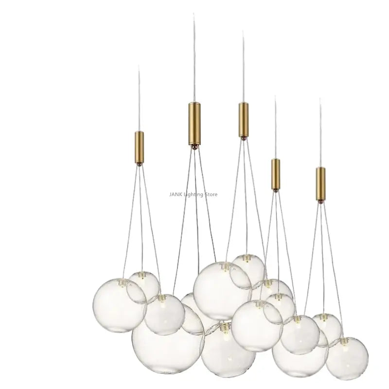Modern decorbites glass ball chandelier with clear spherical bulbs and gold-toned metal accents for home decor