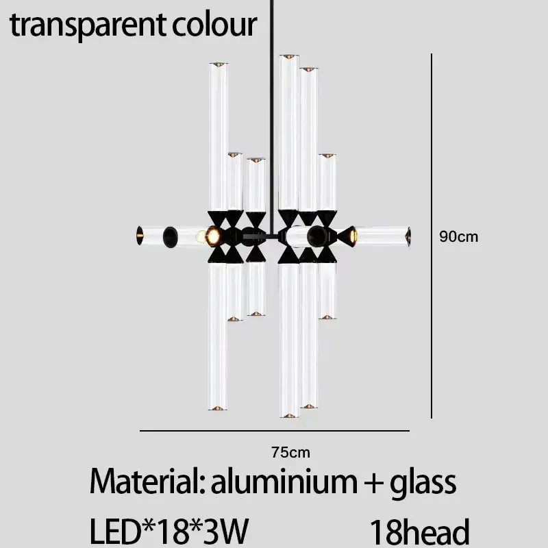 Modern decorbites glass tube chandelier with 18 led lights black accents and transparent glass tubes pendant lamp