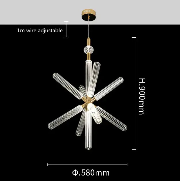 Gold-toned decorbites glass tubes led chandelier with clear ribbed glass arms for modern luxury living spaces