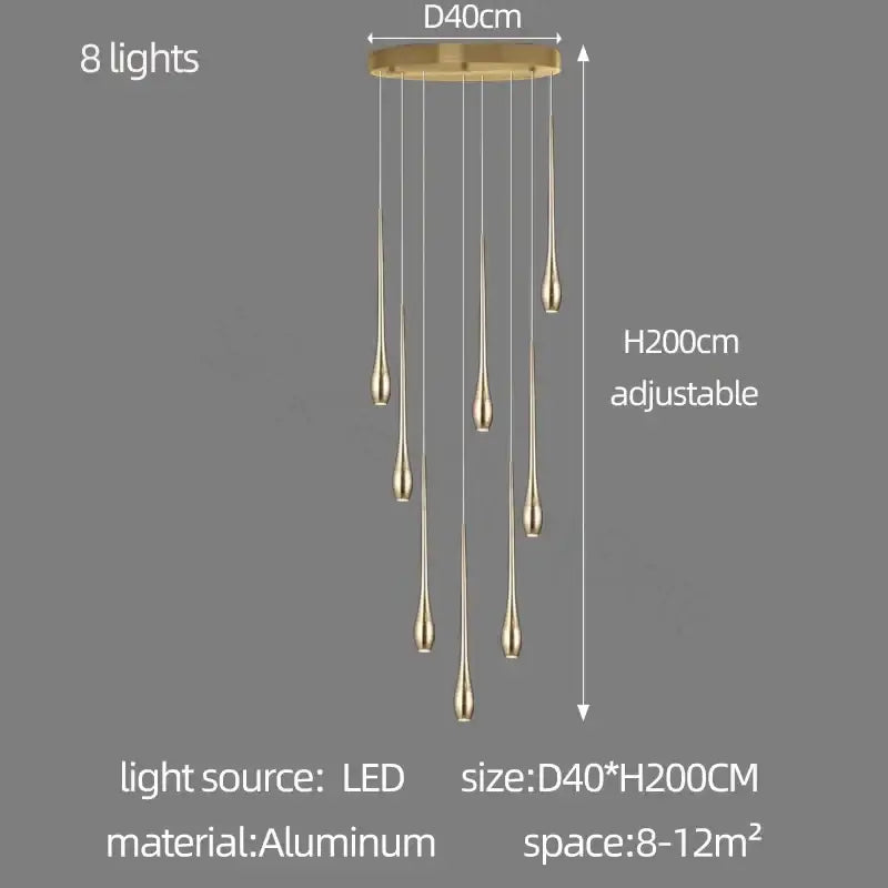 Gold-toned aluminum decorbites gold-plated duplex teardrop chandelier with eight LED lights for living room lighting