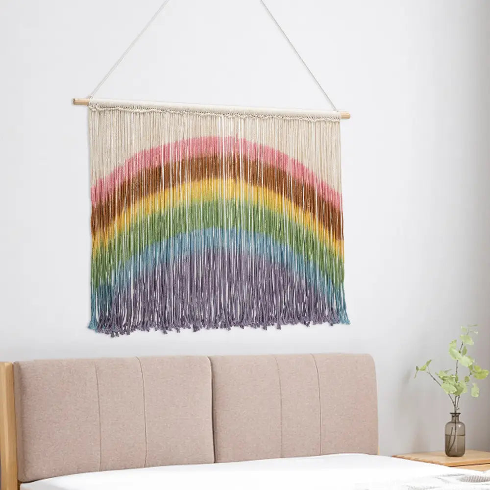 Colorful rainbow handmade weaving macrame wall hanging with wooden dowel and natural fringe for wall decor
