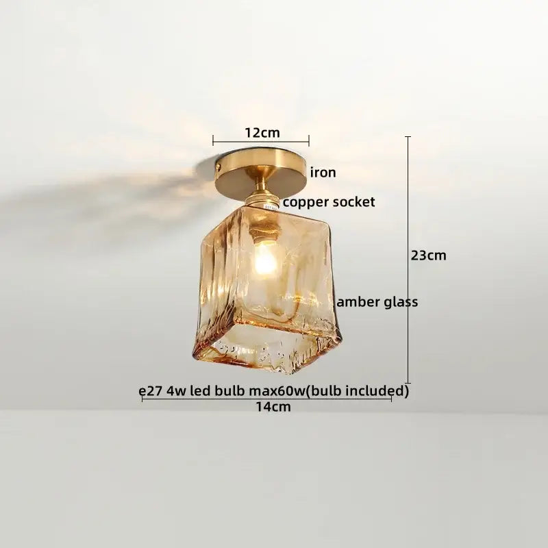 DecorBites™ modern ceiling lamp with square amber textured glass shade and brass-finished iron base for indoor use