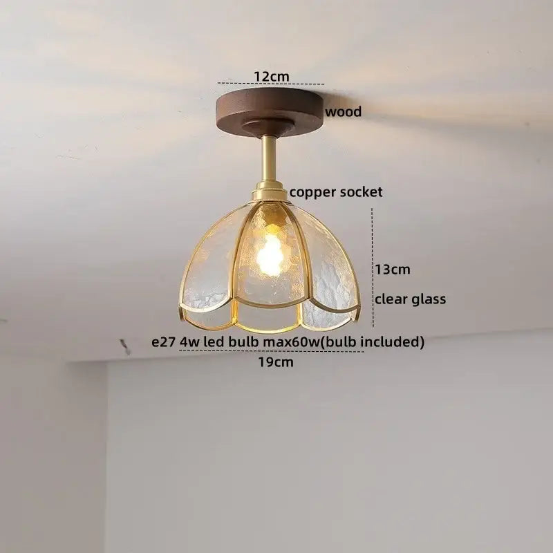 Vintage-style decorbites led glass wood ceiling lamp with dark wood base, brass copper socket, and clear flower-shaped shade