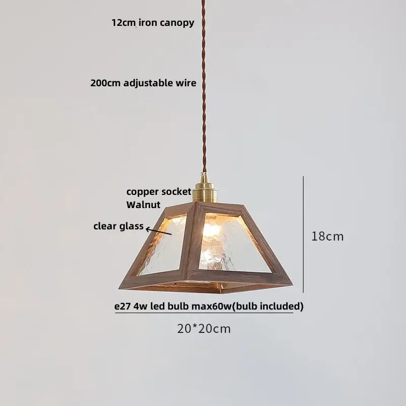 A decorbites™ led glass and wood pendant light with a walnut frame clear textured glass and brass copper socket for living room